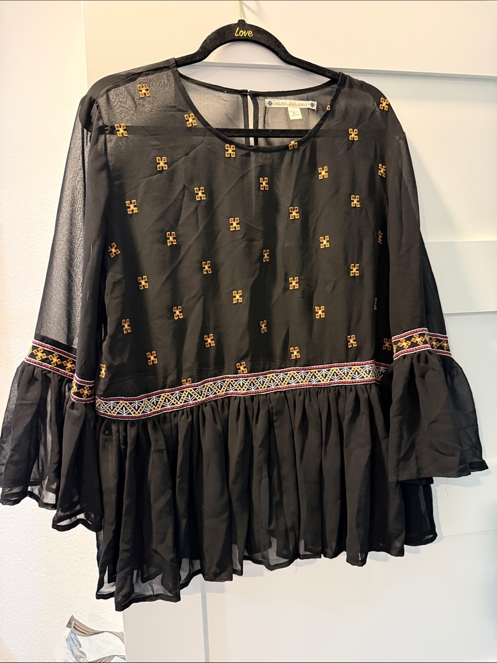 Stunning Black Embroidered Peasant Blouse